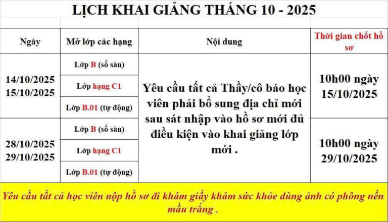 LỊCH KHAI GIẢNG Ô TÔ THÁNG 10
